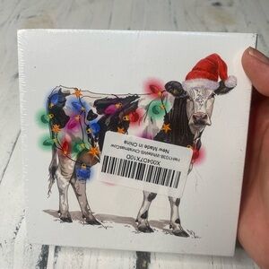 Wood Festive Cow Art Print with Santa Hat